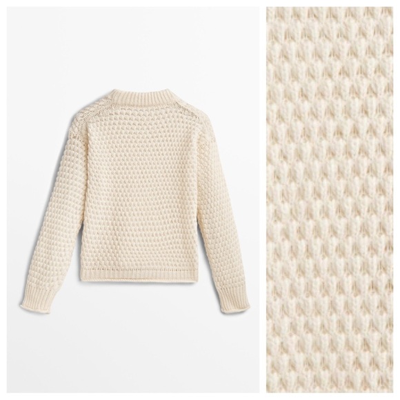 NWT. Massimo Dutti Cream Cotton/Wool Blend Open-Knit Sweater. SIze L. - Picture 6 of 10